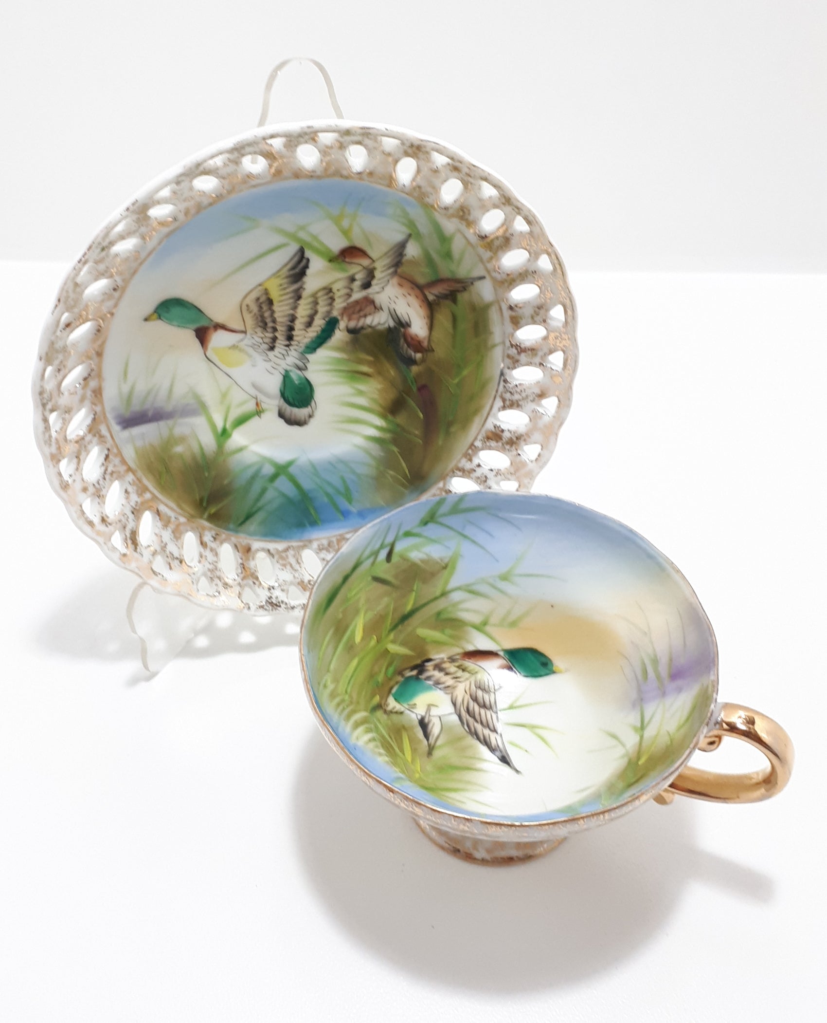 Very Unique Fine Porcelain Tea Duo With Mallard Duck Pattern & Pierced Saucer