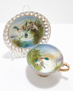 Very Unique Fine Porcelain Tea Duo With Mallard Duck Pattern & Pierced Saucer