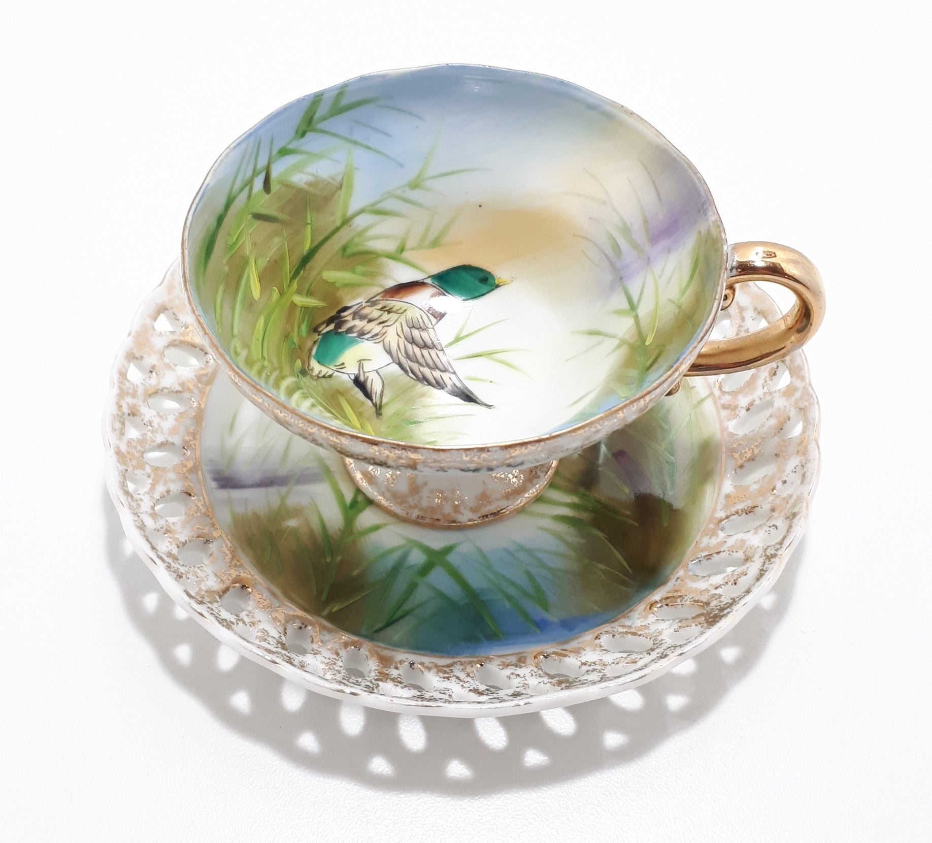 Very Unique Fine Porcelain Tea Duo With Mallard Duck Pattern & Pierced Saucer