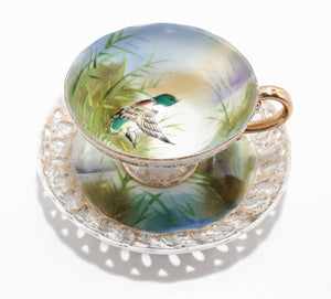 Very Unique Fine Porcelain Tea Duo With Mallard Duck Pattern & Pierced Saucer