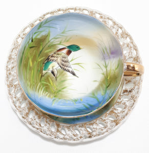 Very Unique Fine Porcelain Tea Duo With Mallard Duck Pattern & Pierced Saucer