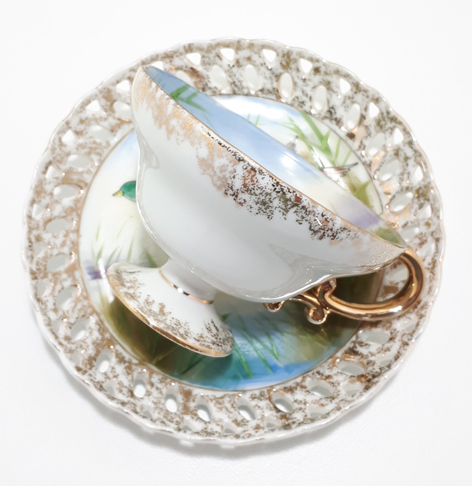 Very Unique Fine Porcelain Tea Duo With Mallard Duck Pattern & Pierced Saucer