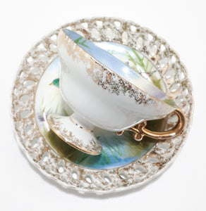 Very Unique Fine Porcelain Tea Duo With Mallard Duck Pattern & Pierced Saucer