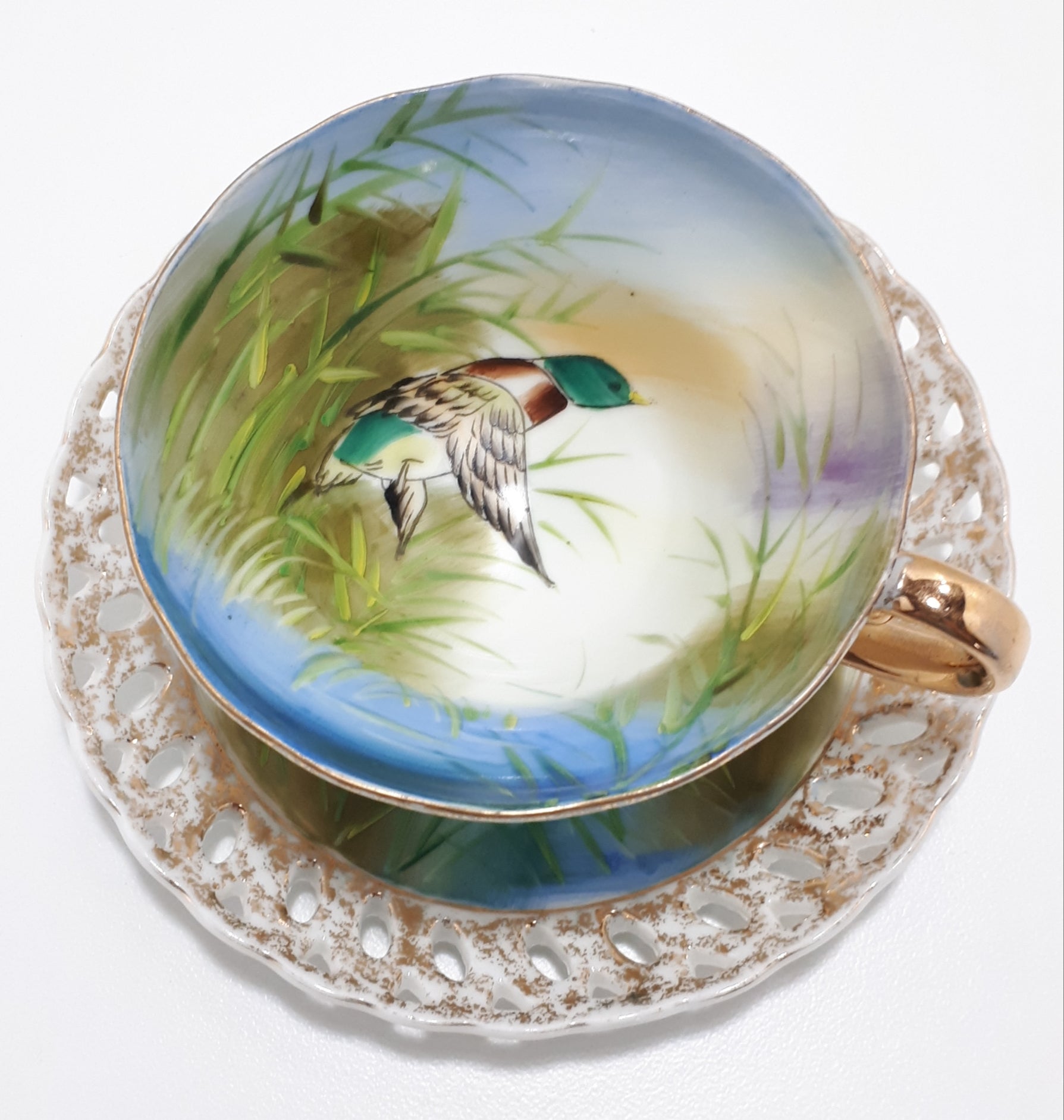 Very Unique Fine Porcelain Tea Duo With Mallard Duck Pattern & Pierced Saucer