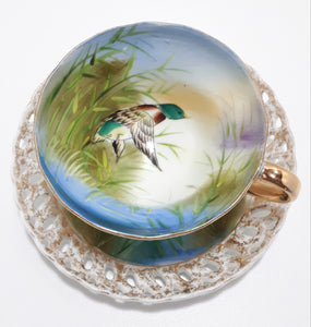 Very Unique Fine Porcelain Tea Duo With Mallard Duck Pattern & Pierced Saucer
