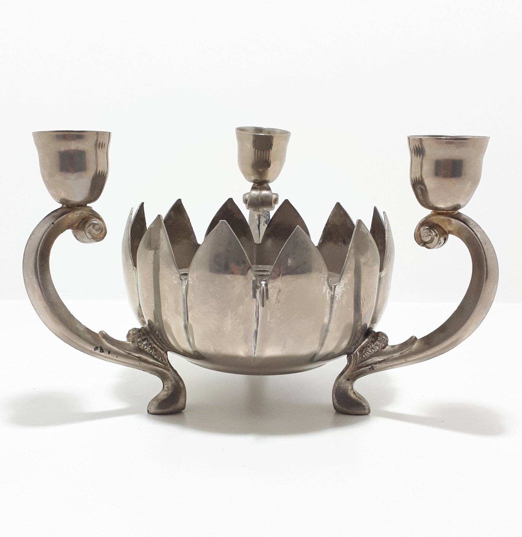 1960’s Vintage Decorative Silver Plated Three Arm Candle Holder With Lotus Rose Bowl