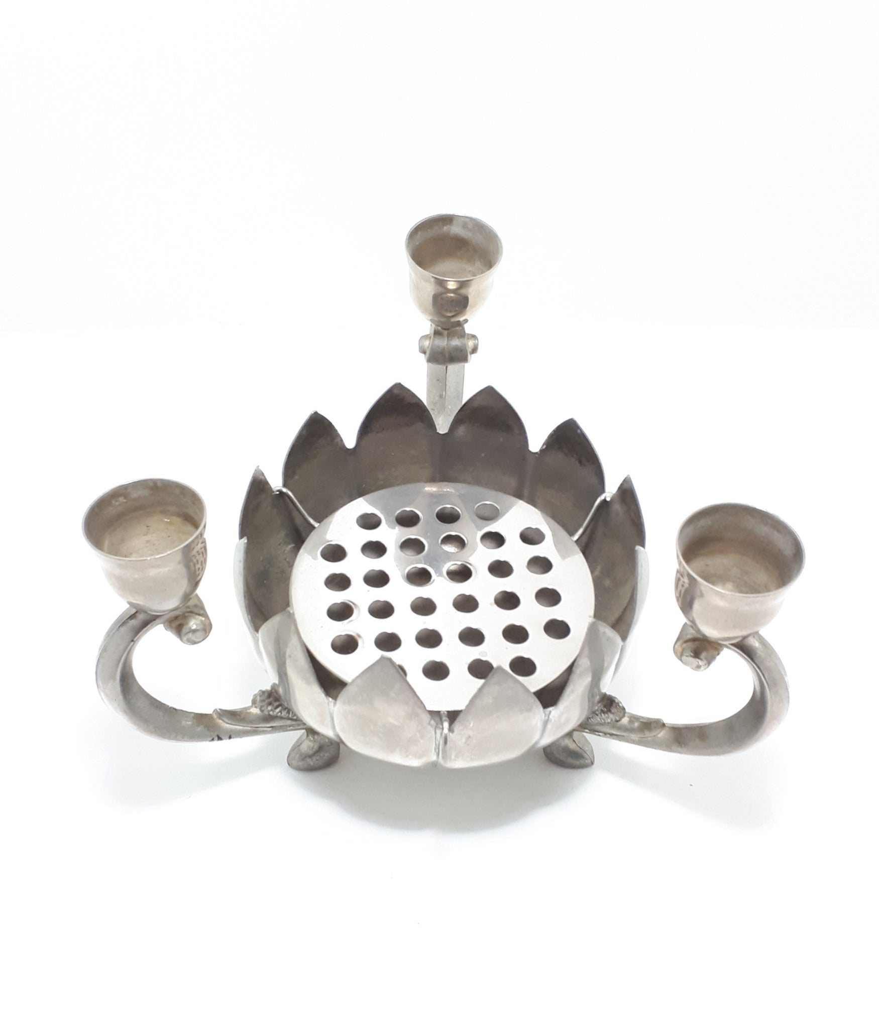 1960’s Vintage Decorative Silver Plated Three Arm Candle Holder With Lotus Rose Bowl