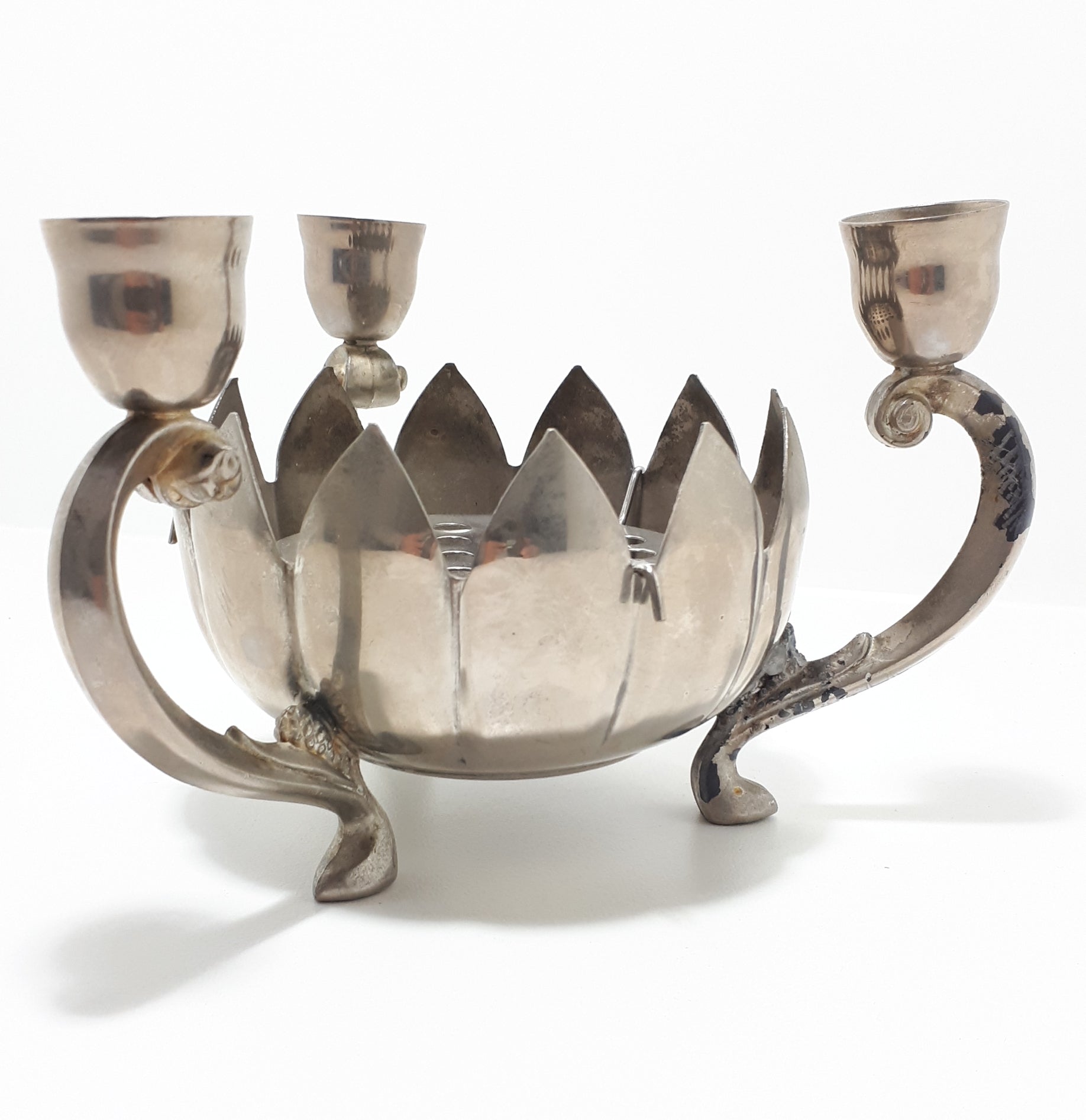 1960’s Vintage Decorative Silver Plated Three Arm Candle Holder With Lotus Rose Bowl