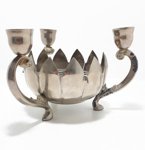 1960’s Vintage Decorative Silver Plated Three Arm Candle Holder With Lotus Rose Bowl