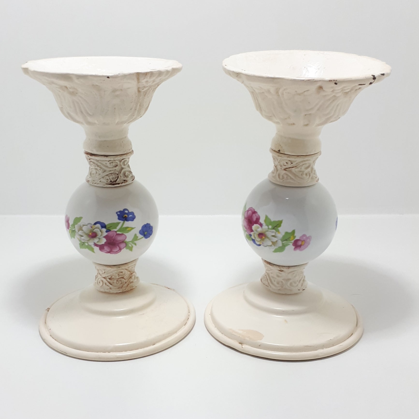Pair Of Heavy Cast Iron & Porcelain Candle Stands Or Holders