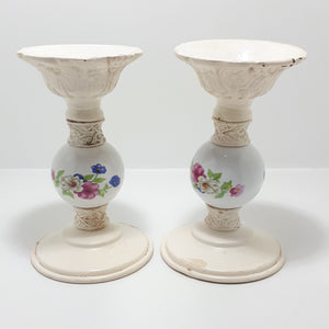 Pair Of Heavy Cast Iron & Porcelain Candle Stands Or Holders