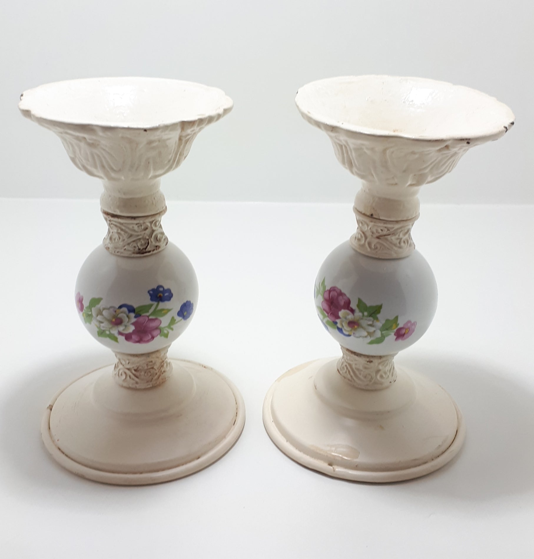 Pair Of Heavy Cast Iron & Porcelain Candle Stands Or Holders