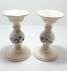 Pair Of Heavy Cast Iron & Porcelain Candle Stands Or Holders