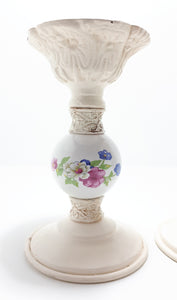 Pair Of Heavy Cast Iron & Porcelain Candle Stands Or Holders