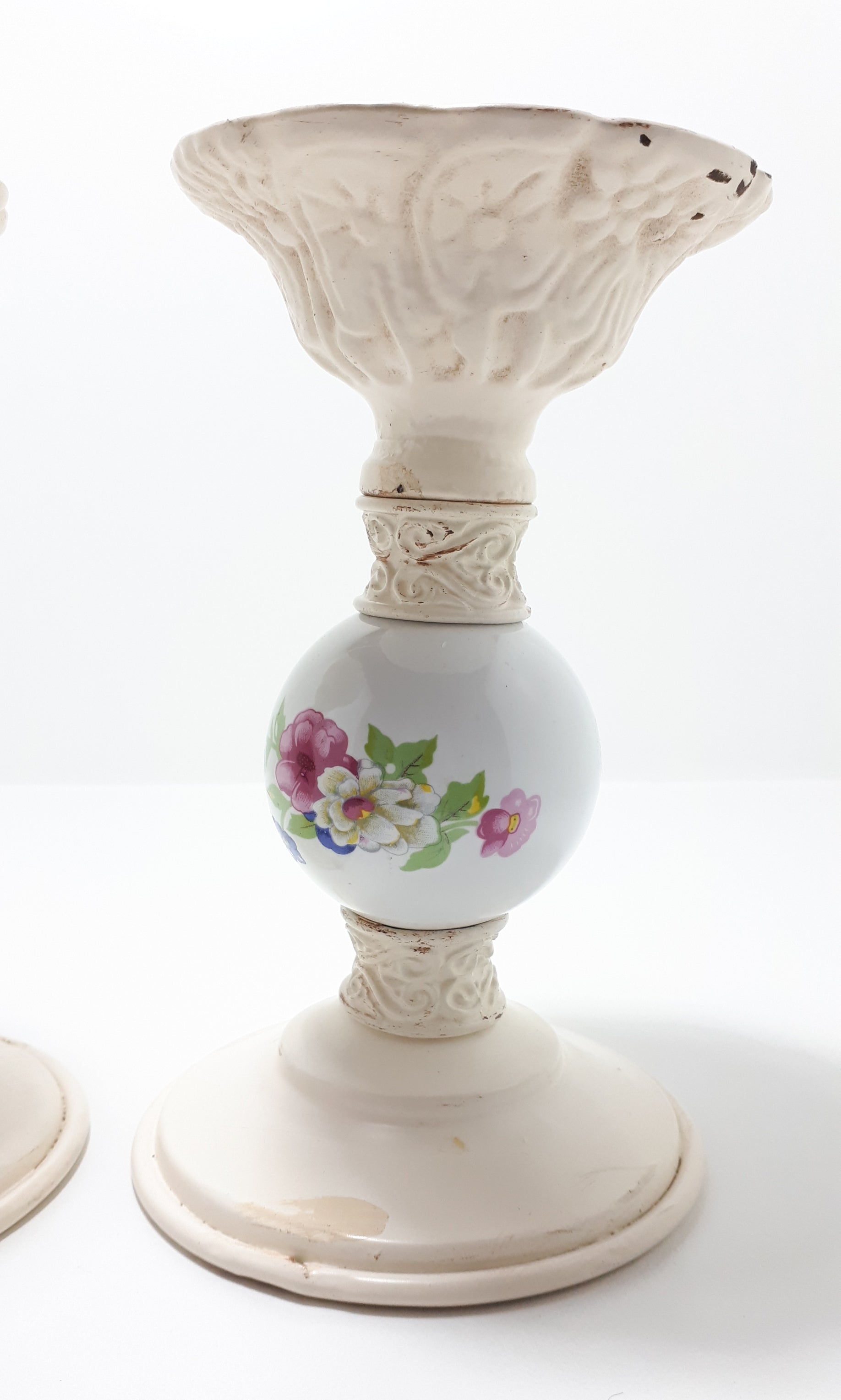 Pair Of Heavy Cast Iron & Porcelain Candle Stands Or Holders