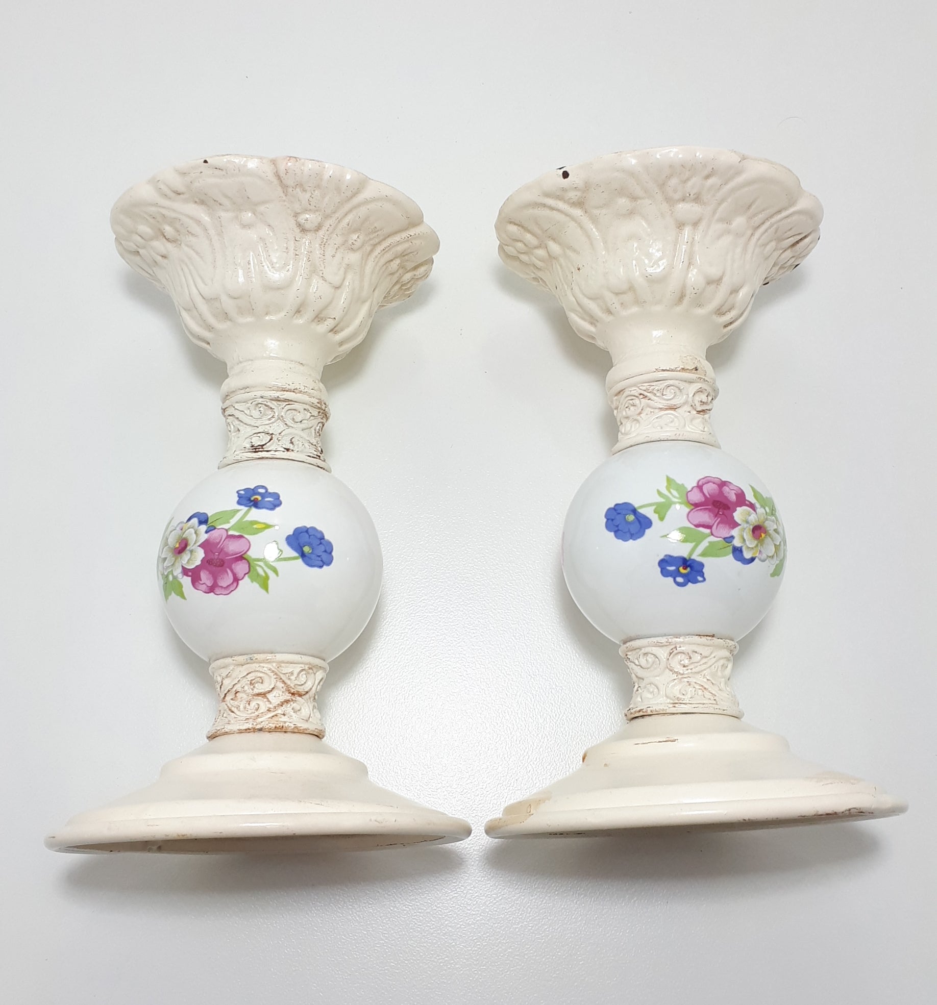 Pair Of Heavy Cast Iron & Porcelain Candle Stands Or Holders