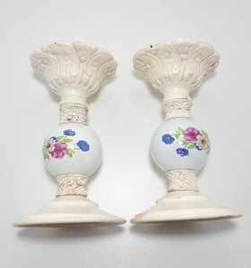 Pair Of Heavy Cast Iron & Porcelain Candle Stands Or Holders
