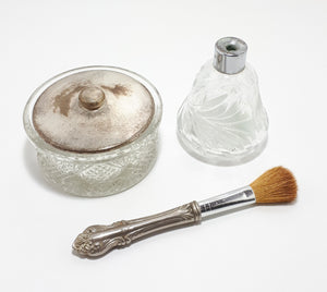 Crystal, Glass and Silver Plated Vanity Set – Powder Holder, Powder Brush & Bud Vase