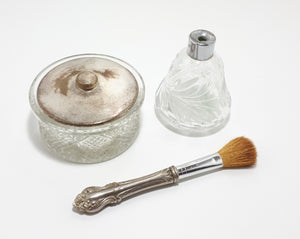 Crystal, Glass and Silver Plated Vanity Set – Powder Holder, Powder Brush & Bud Vase
