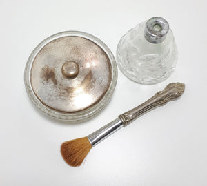Crystal, Glass and Silver Plated Vanity Set – Powder Holder, Powder Brush & Bud Vase