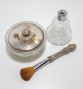 Crystal, Glass and Silver Plated Vanity Set – Powder Holder, Powder Brush & Bud Vase