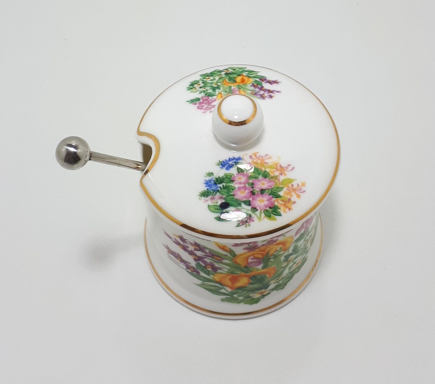 Very Fine Lidded Porcelain Jam Jar & Spoon
