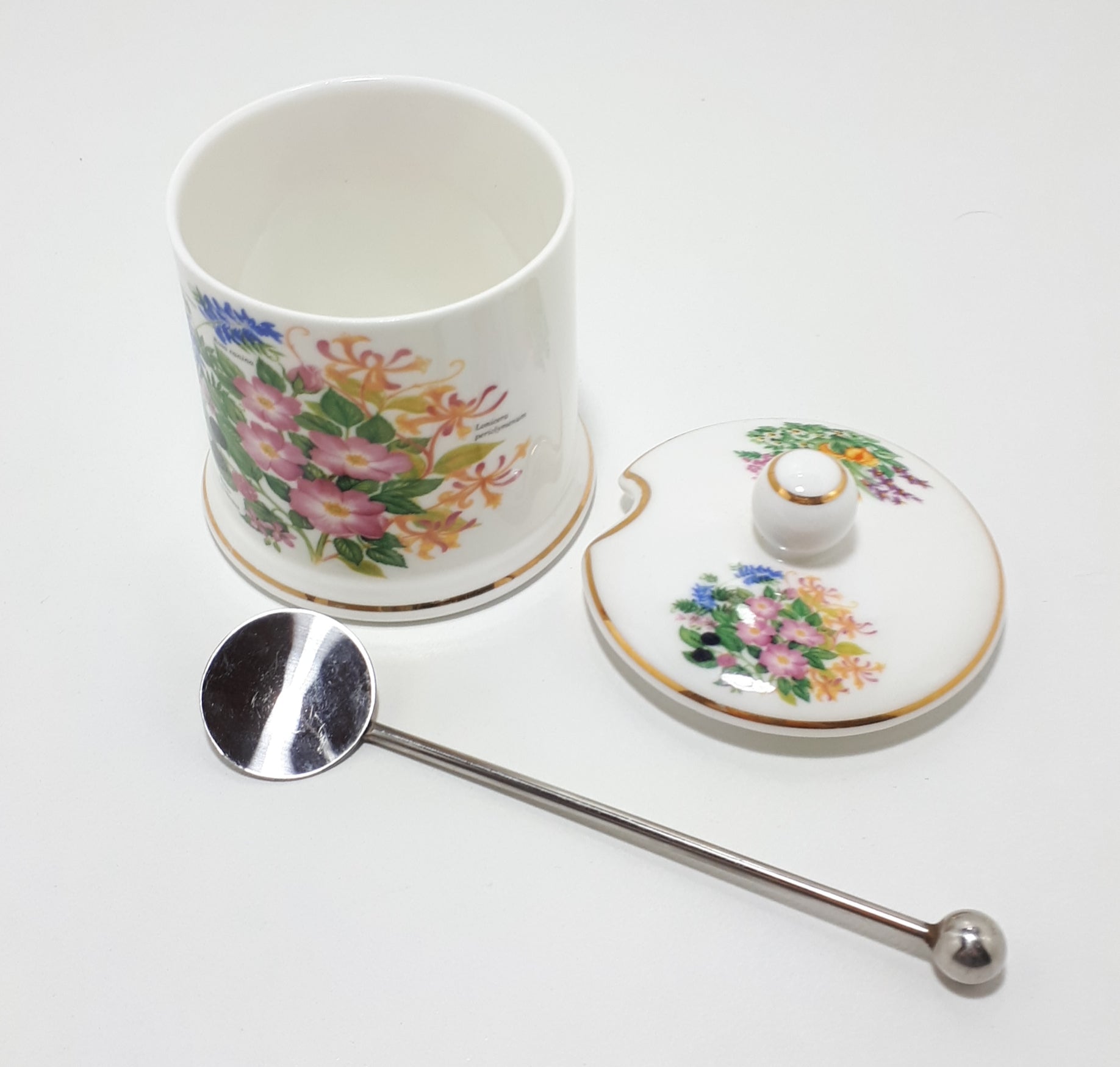 Very Fine Lidded Porcelain Jam Jar & Spoon