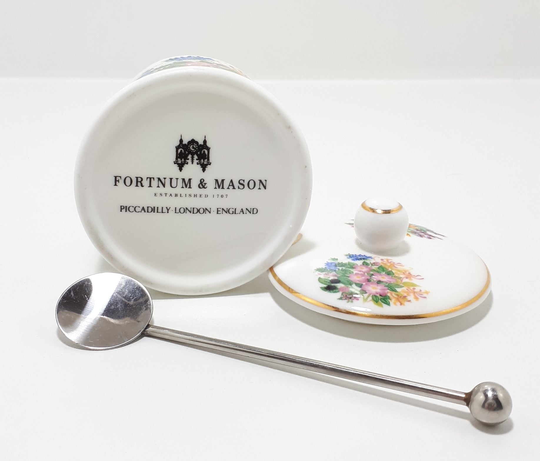 Very Fine Lidded Porcelain Jam Jar & Spoon