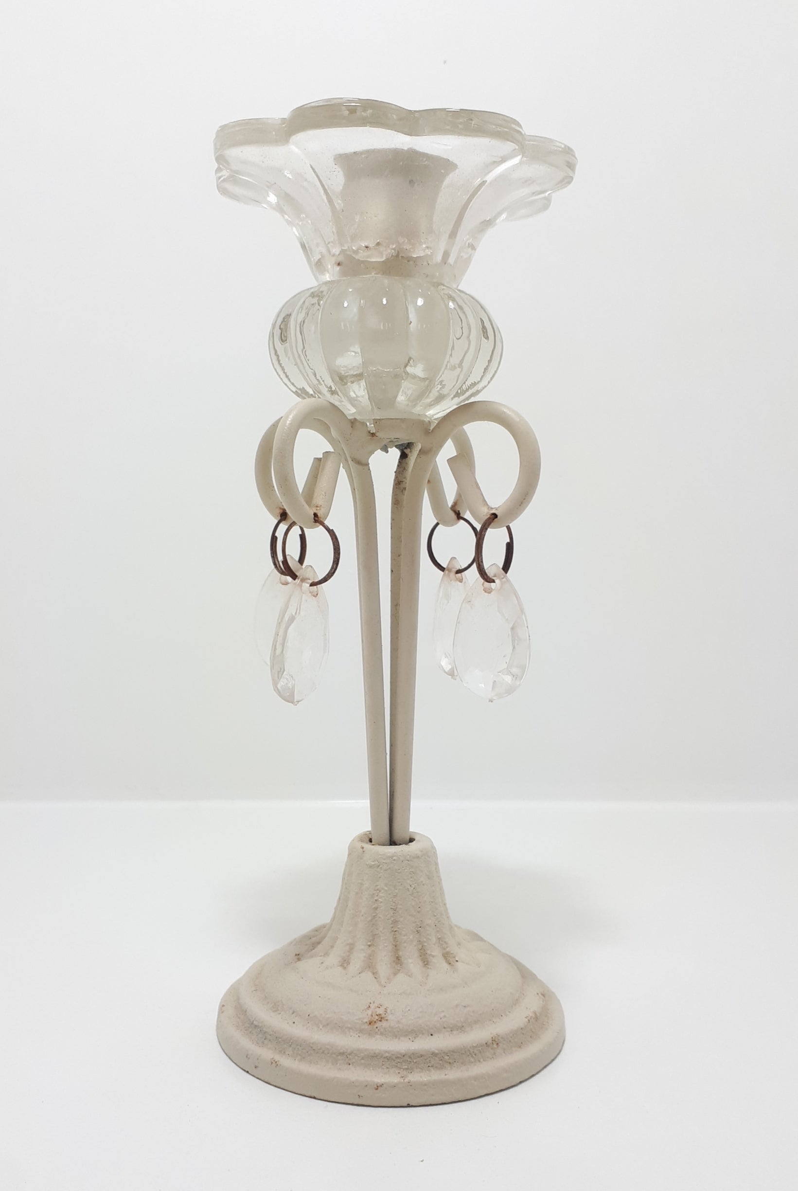Cream Coloured Cast Iron & Glass Candle Holder With Faux Crystals