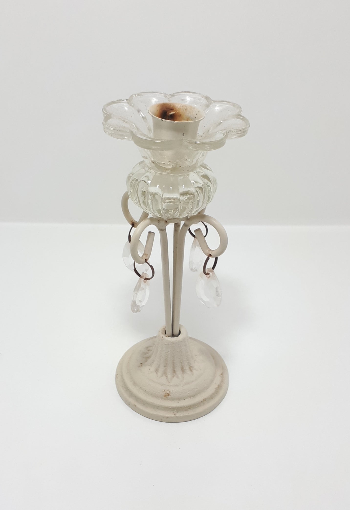 Cream Coloured Cast Iron & Glass Candle Holder With Faux Crystals
