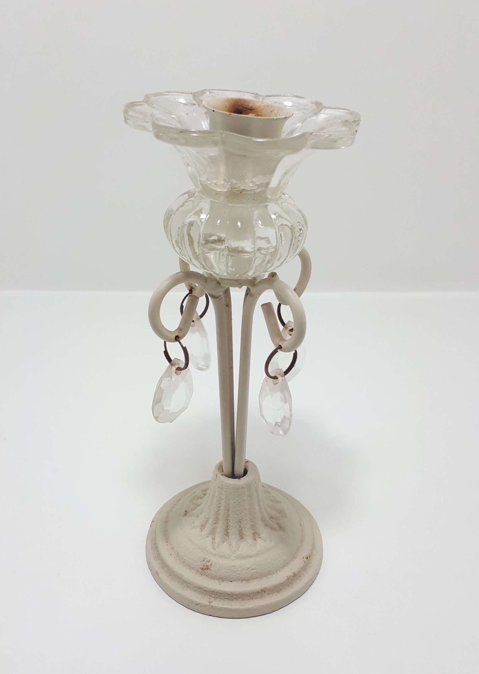 Cream Coloured Cast Iron & Glass Candle Holder With Faux Crystals