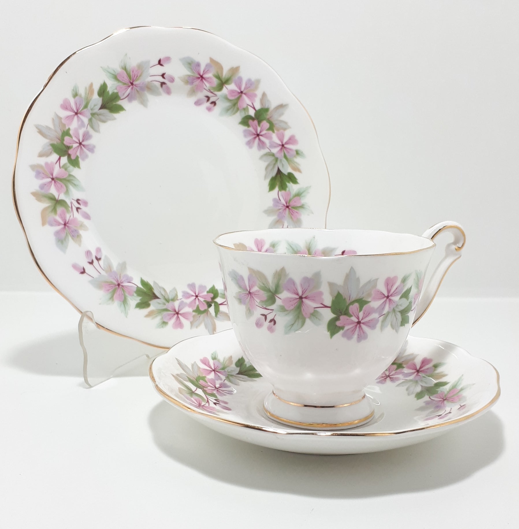 Vintage (1960’s) Queen Anne Bone China (Shore & Coggins Ltd.) Tea Trio - Cup, Saucer & Tea Plate – Genevieve Pattern