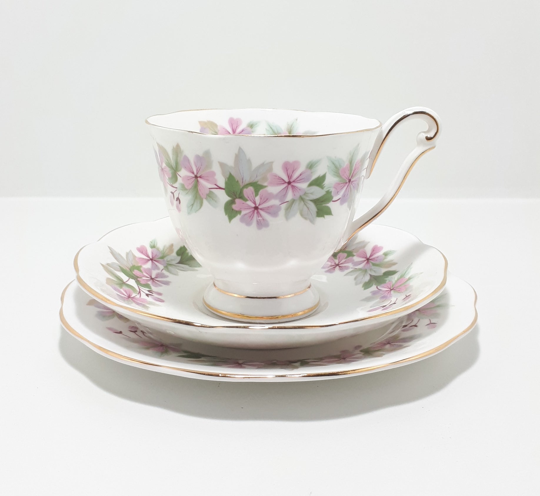 Vintage (1960’s) Queen Anne Bone China (Shore & Coggins Ltd.) Tea Trio - Cup, Saucer & Tea Plate – Genevieve Pattern