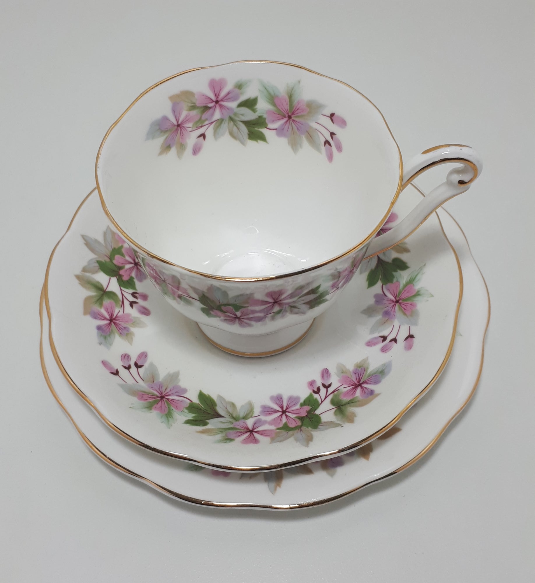 Vintage (1960’s) Queen Anne Bone China (Shore & Coggins Ltd.) Tea Trio - Cup, Saucer & Tea Plate – Genevieve Pattern