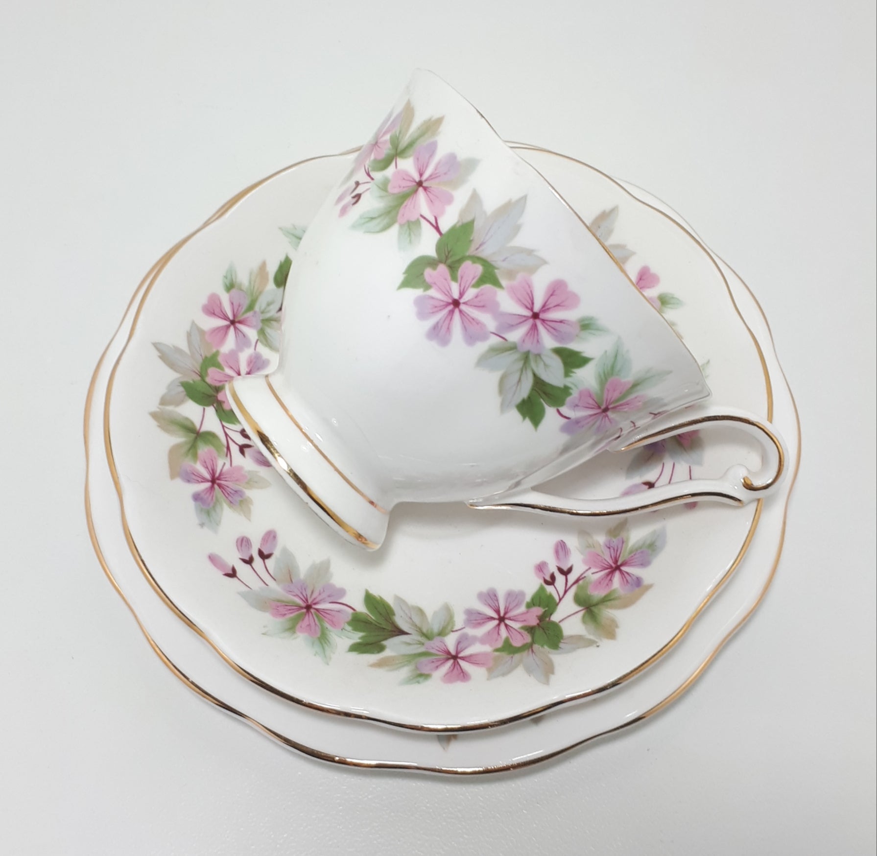 Vintage (1960’s) Queen Anne Bone China (Shore & Coggins Ltd.) Tea Trio - Cup, Saucer & Tea Plate – Genevieve Pattern