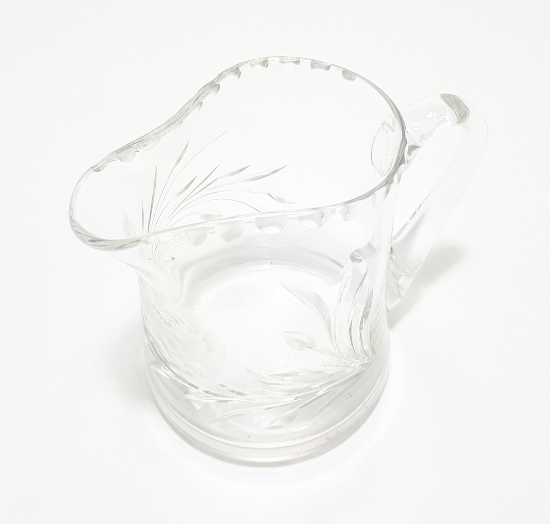 Vintage Clear Crystal Rose &amp; Leaf Cut Creamer With Patterned Rim