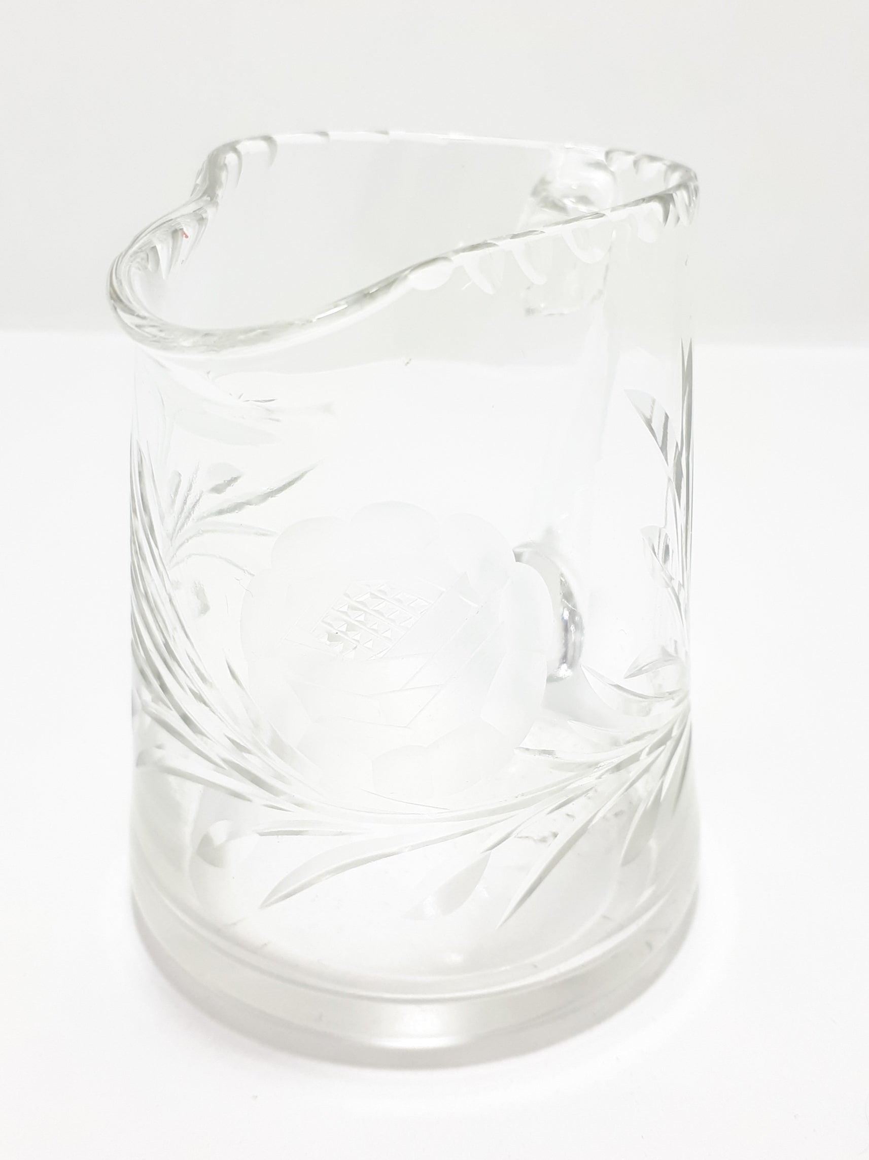 Vintage Clear Crystal Rose &amp; Leaf Cut Creamer With Patterned Rim