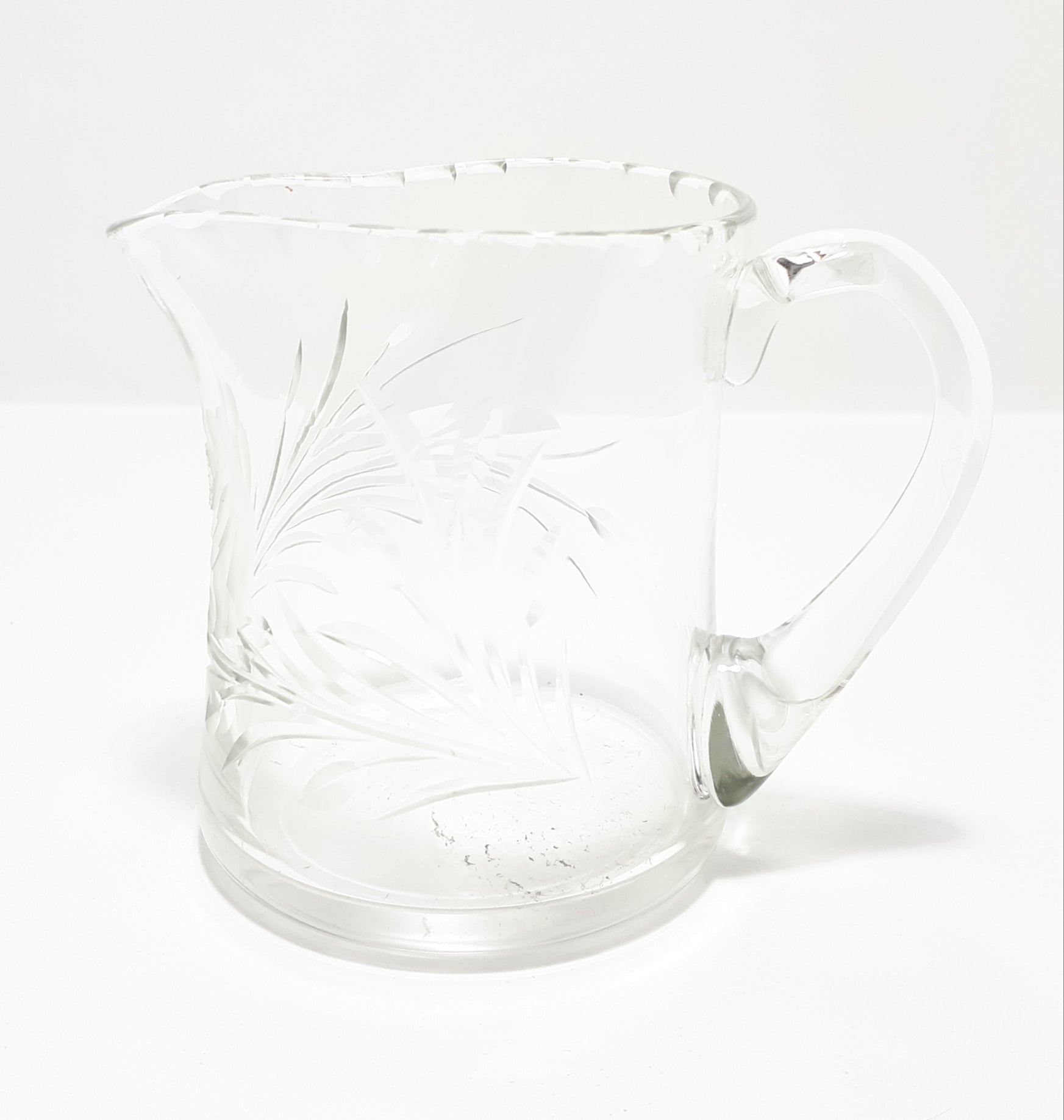 Vintage Clear Crystal Rose &amp; Leaf Cut Creamer With Patterned Rim