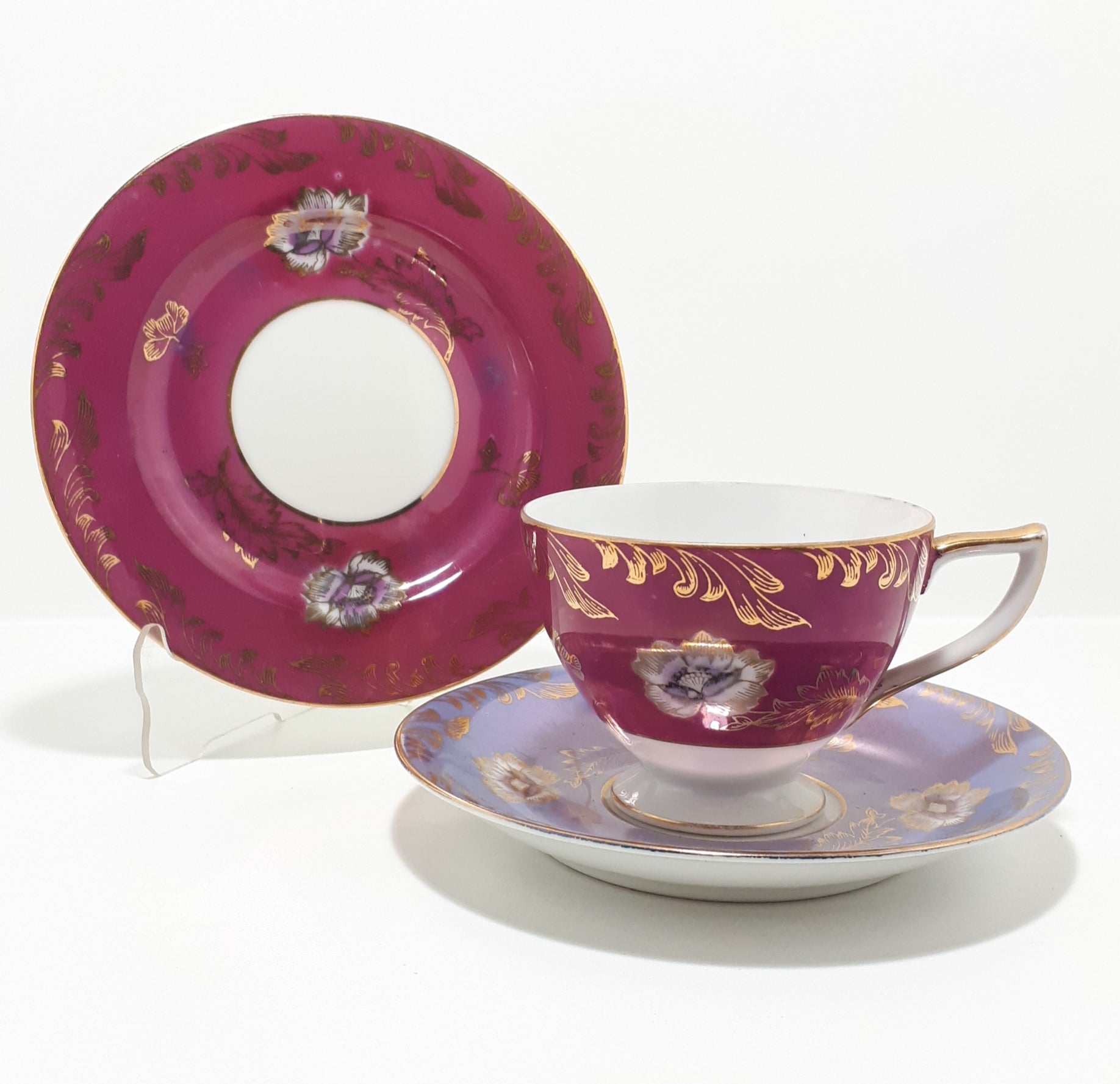 Maurine China Tea Trio In Magenta, Purple & Gold