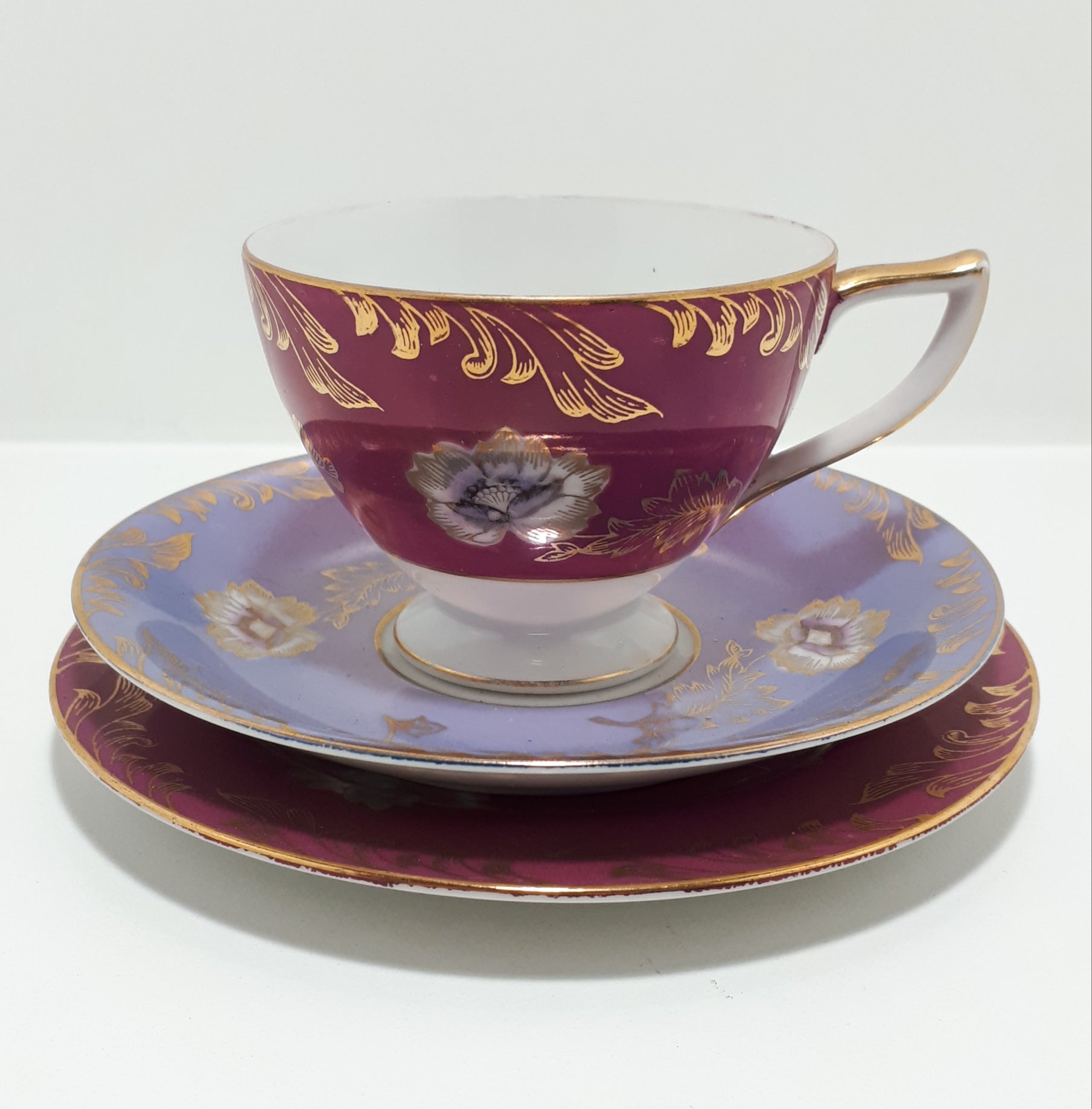 Maurine China Tea Trio In Magenta, Purple & Gold