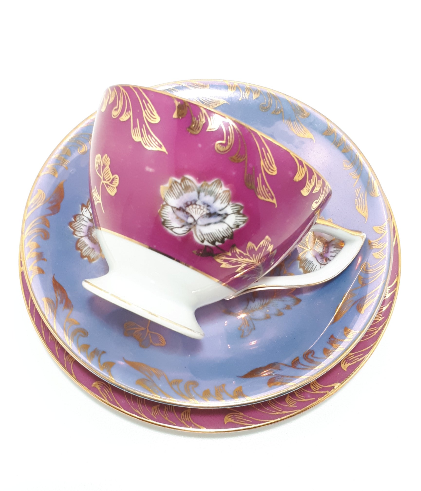Maurine China Tea Trio In Magenta, Purple & Gold