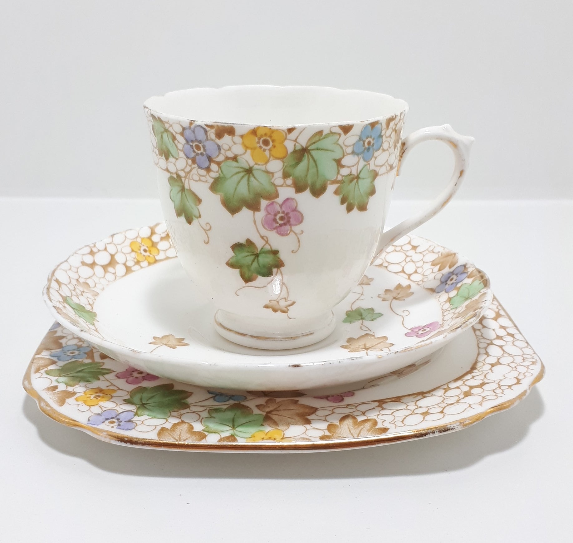 c. 1936+ Tuscan China Tea Trio In Soft Pastels & Ivy Leaf
