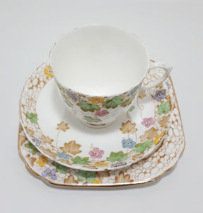 c. 1936+ Tuscan China Tea Trio In Soft Pastels & Ivy Leaf