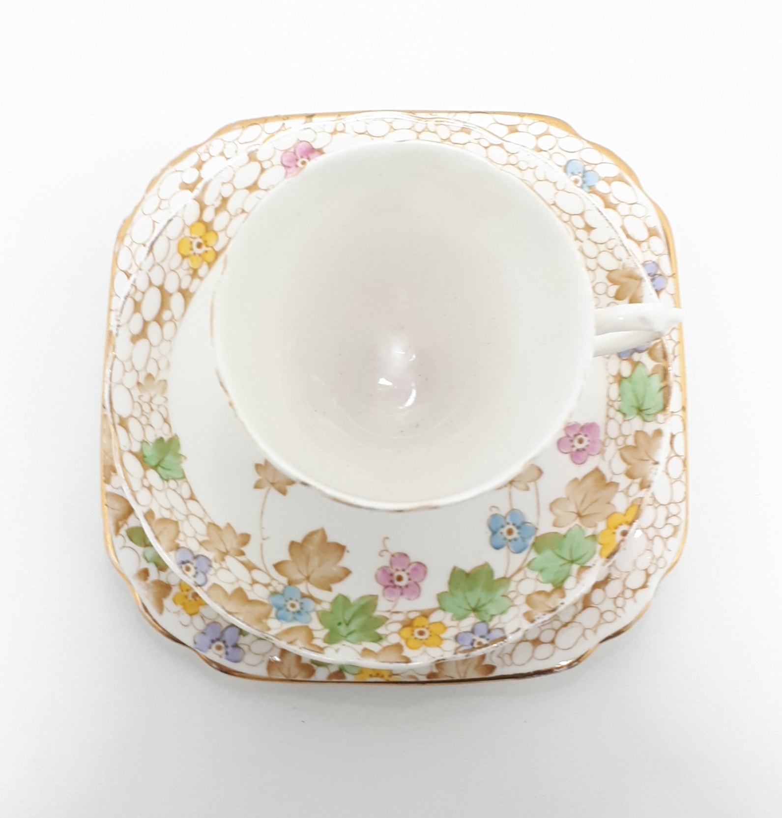 c. 1936+ Tuscan China Tea Trio In Soft Pastels & Ivy Leaf
