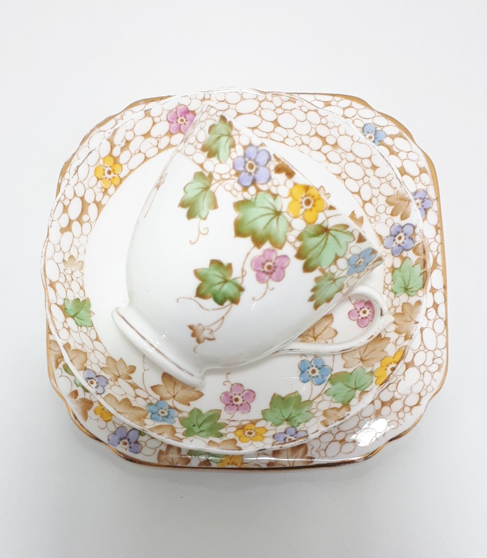 c. 1936+ Tuscan China Tea Trio In Soft Pastels & Ivy Leaf
