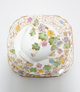 c. 1936+ Tuscan China Tea Trio In Soft Pastels & Ivy Leaf