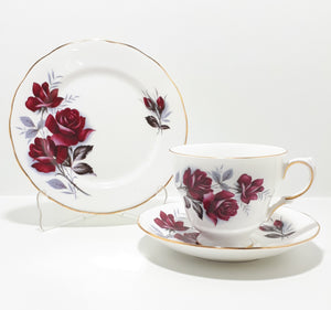Queen Anne Pattern #8621 Tea Trio – Wine Red Roses With Grey Leaves