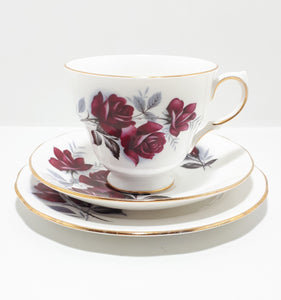 Queen Anne Pattern #8621 Tea Trio – Wine Red Roses With Grey Leaves