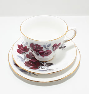 Queen Anne Pattern #8621 Tea Trio – Wine Red Roses With Grey Leaves