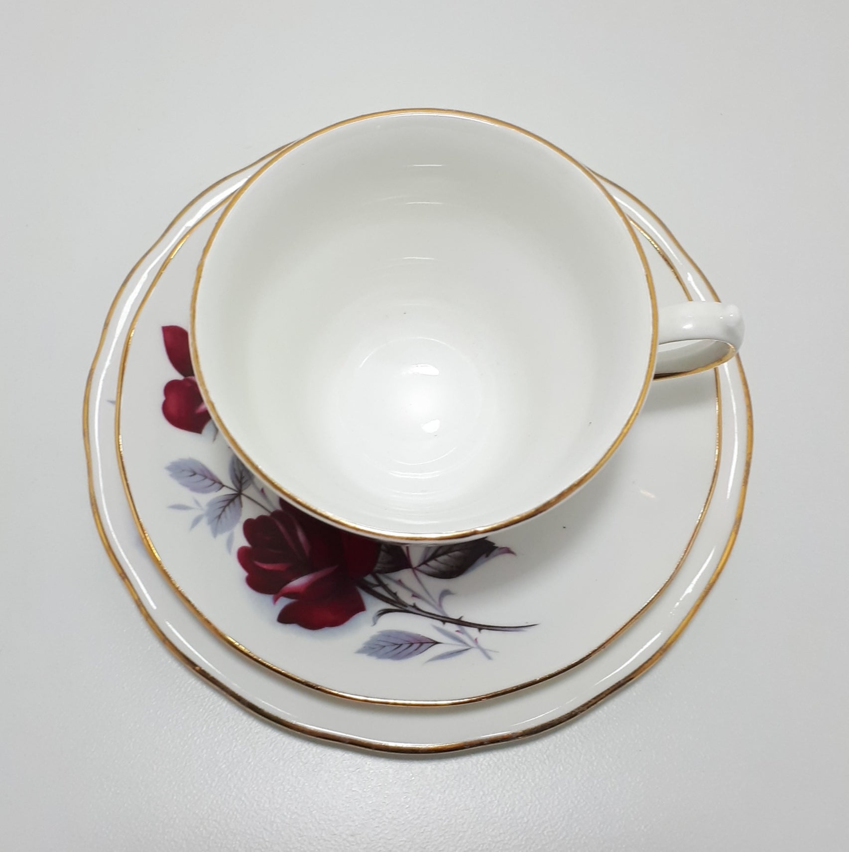 Queen Anne Pattern #8621 Tea Trio – Wine Red Roses With Grey Leaves
